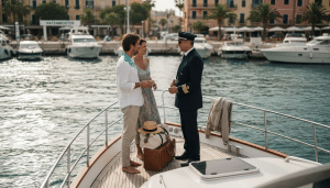 Ein Paar trifft sich an Deck der Yacht mit dem Kapitän.