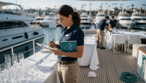 Die Eventmanagerin bereitet das Deck der Yacht für die Veranstaltung vor.