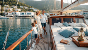 Eine Familie genießt gemeinsam Zeit an Deck einer Gulet-Yacht im Hafen.
